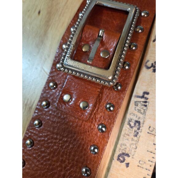 Calvin Klein Brown Genuine Leather Studded Belt Silver Toned Hardware 38" - Picture 6 of 9